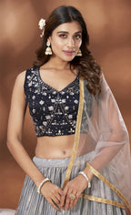 Grey Chinnon Crush Foil Printed Lehenga Choli with Dupatta - Aakriti | Grocsy