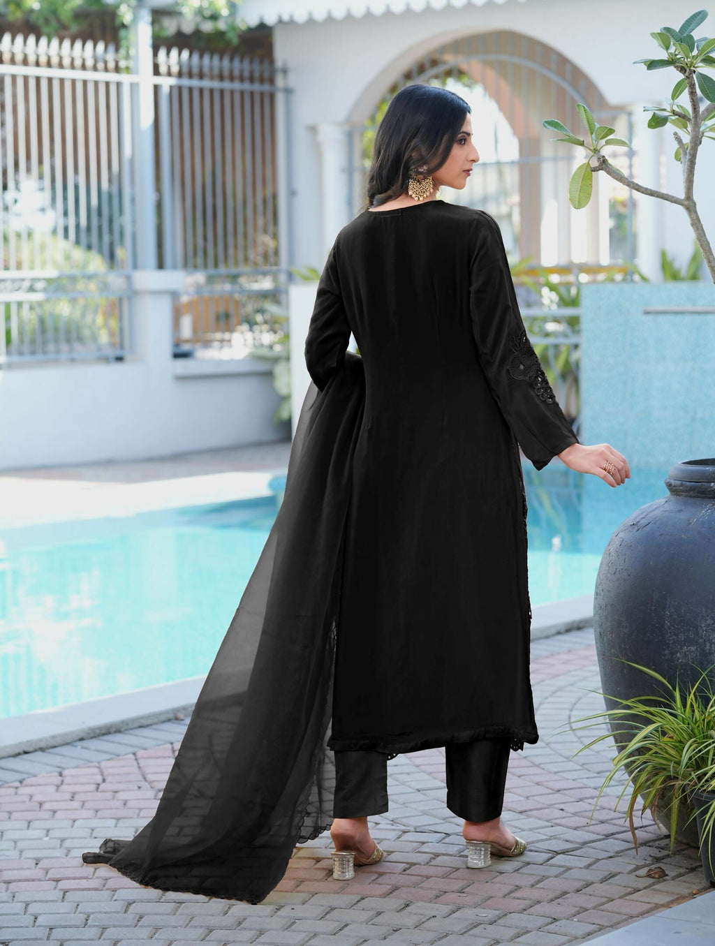 Nikhaar Black Embroidered Art Silk Stitched Straight Cut Kurta Pants Dupatta Readymade Suit | Grocsy