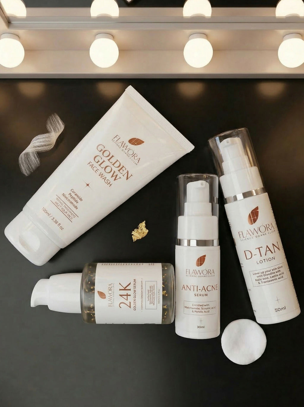 Flawora Set of Golden Glow Face Wash, Anti Acne Serum, 24k Golden Glow Face Serum and D-Tan Lotion | Grocsy