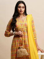 Yellow Pure Cotton Bandhani Printed Naira Cut Kurta And Bottom With Dupatta - Akashara | Grocsy