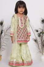 Little Bansi Girls Banarsi Cotton Turkish Lacework Kurta with Foil Sharara & Dupatta - Green | Grocsy