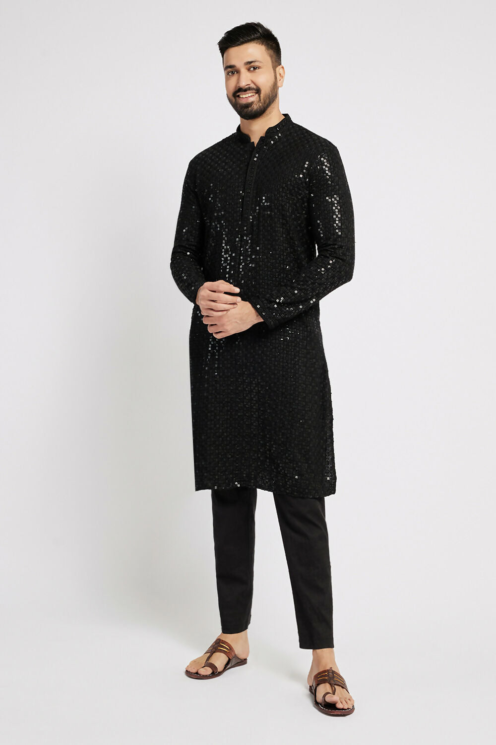 Ethnic India Black Men's Kurta Embellished Viscose Rayon | Grocsy