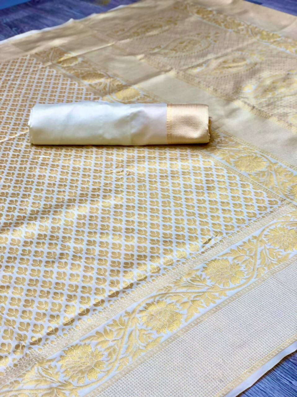 DEIANA'S Beautiful Designer Golden zari Soft Lichi Silk Saree - White | Grocsy