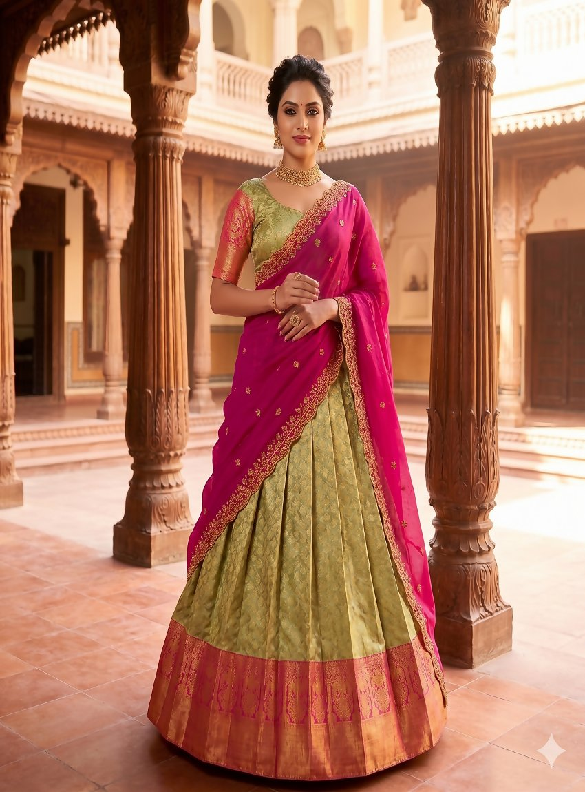 Teeya Creation Pista Green Jacquard Silk Traditional Lehenga Choli with Deep Magenta Dupatta | Grocsy
