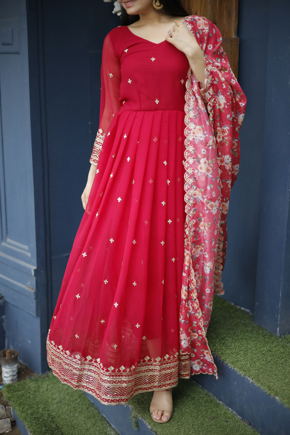 Aayaa Designer Embroidery Zari Sequins-Work Faux Blooming Georgette Suit - Red | Grocsy