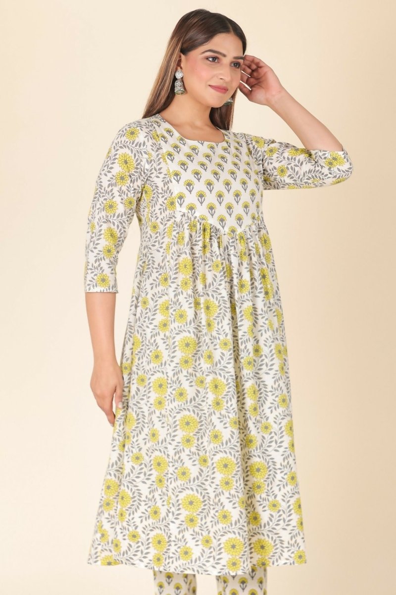 Aramya Yellow Soft Cotton Floral A-line Kurta for Women | Grocsy