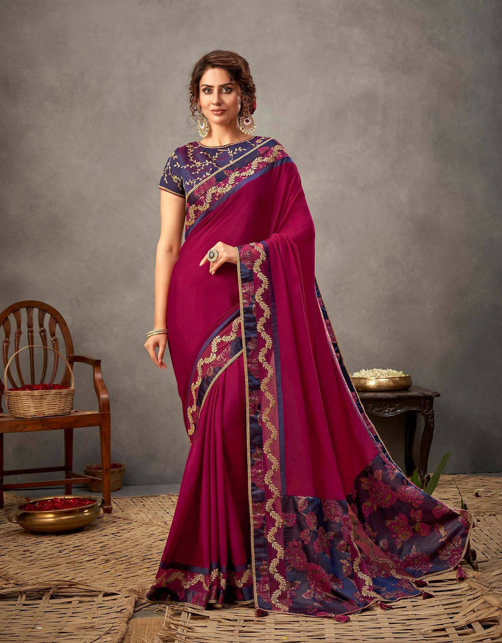 Deep Magenta And Purple Silk Georgette Cord And Sequins Embroidery Saree - Norita Arinya | Grocsy