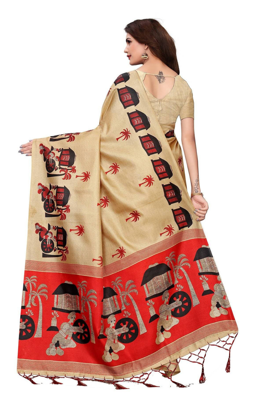 Vamika Kalamkari With Jhalar Khadi Silk Saree in Chiku Color | Grocsy