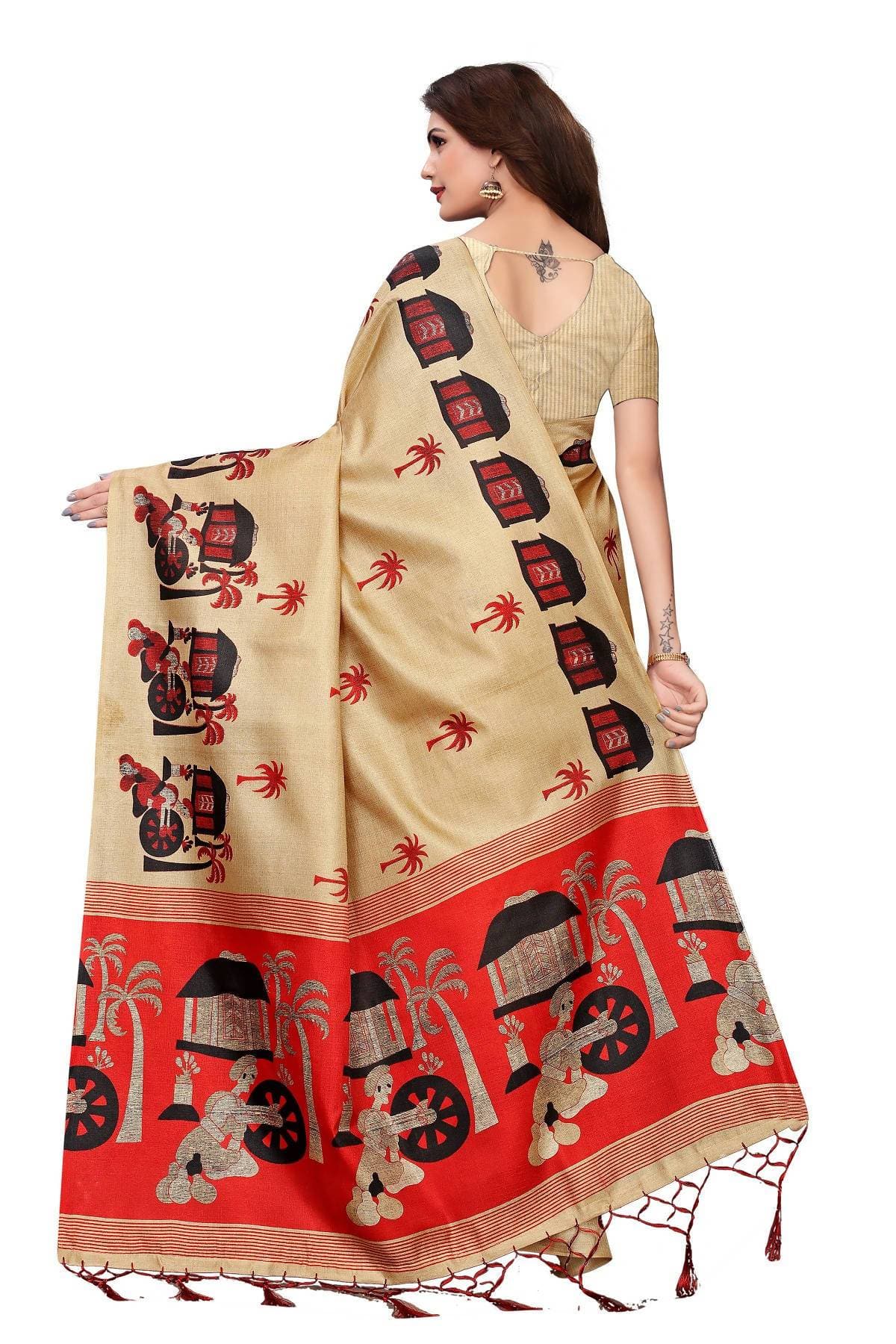 Vamika Kalamkari With Jhalar Khadi Silk Saree in Chiku Color | Grocsy