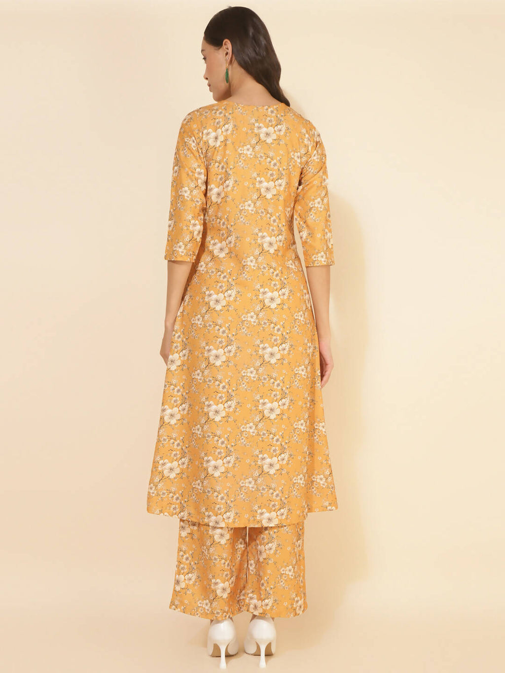 Janasya Women's Mustard Moss Floral Printed Casual Front Slit Co-ords | Grocsy