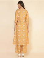 Janasya Women's Mustard Moss Floral Printed Casual Front Slit Co-ords | Grocsy