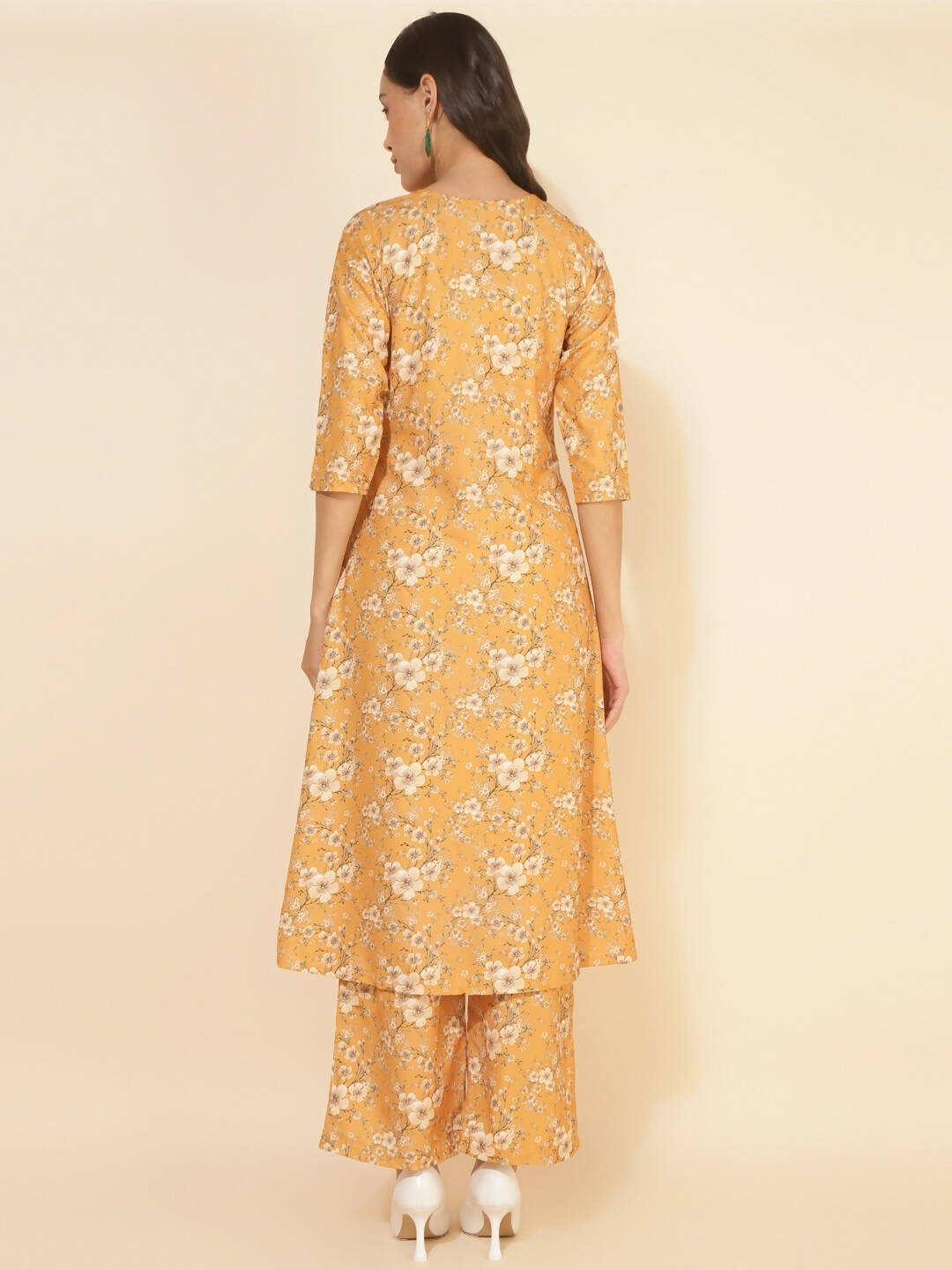 Janasya Women's Mustard Moss Floral Printed Casual Front Slit Co-ords | Grocsy