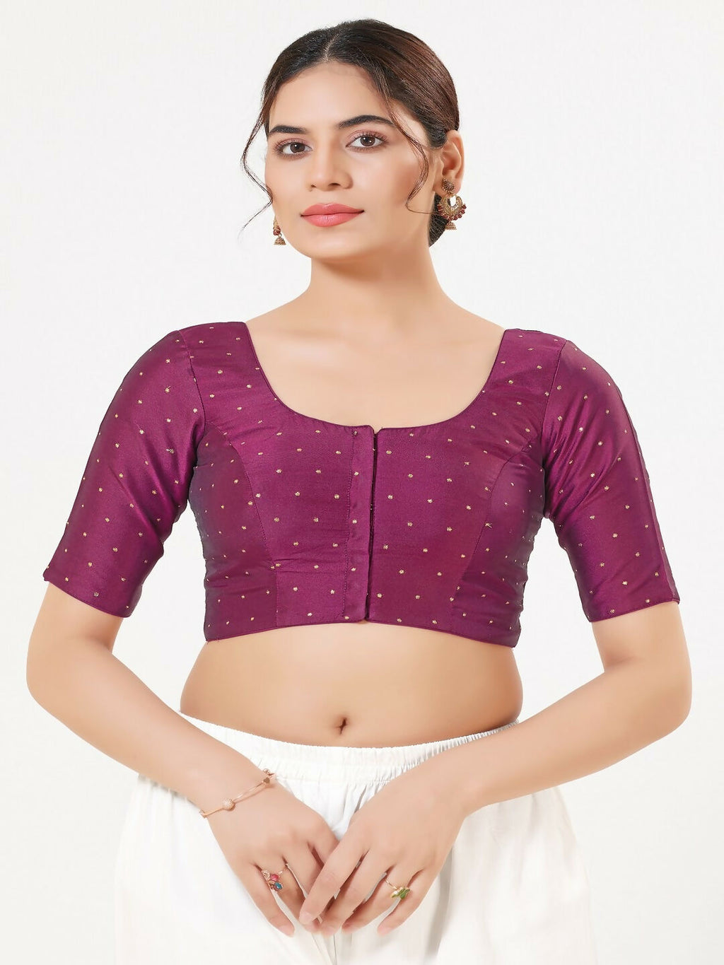 Joban Fashion Plum Taffeta Silk Elbow Sleeveless Front Open Blouse | Grocsy