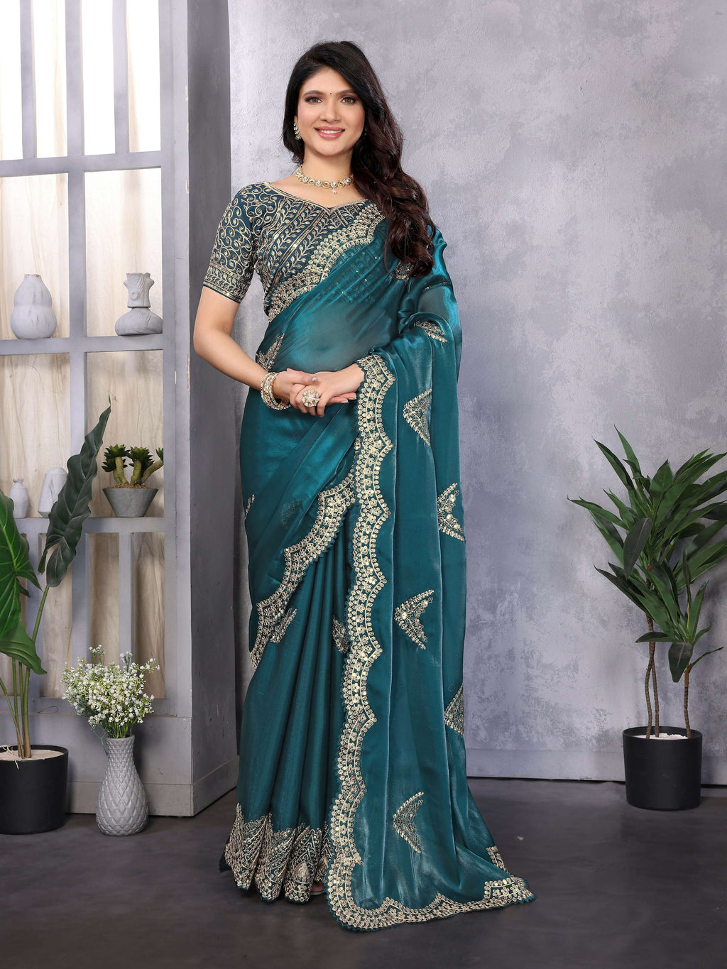 Vastranavya Teal Embroidery Work Shimmer Chiffon Saree with Unstitched Blouse | Grocsy