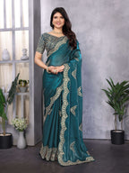 Vastranavya Teal Embroidery Work Shimmer Chiffon Saree with Unstitched Blouse | Grocsy