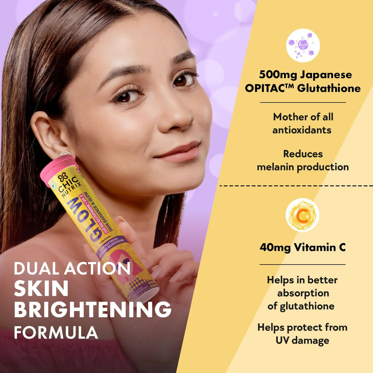 Chicnutrix Glow 500mg Effervescent Tablets - Black Currant Flavour Antioxidants For Clear, Glowing Skin | Grocsy