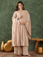 The52 Women's Beautiful Embroidery Work Silk Fabric Straight Kurta Palazzo and Dupatta Set | Grocsy