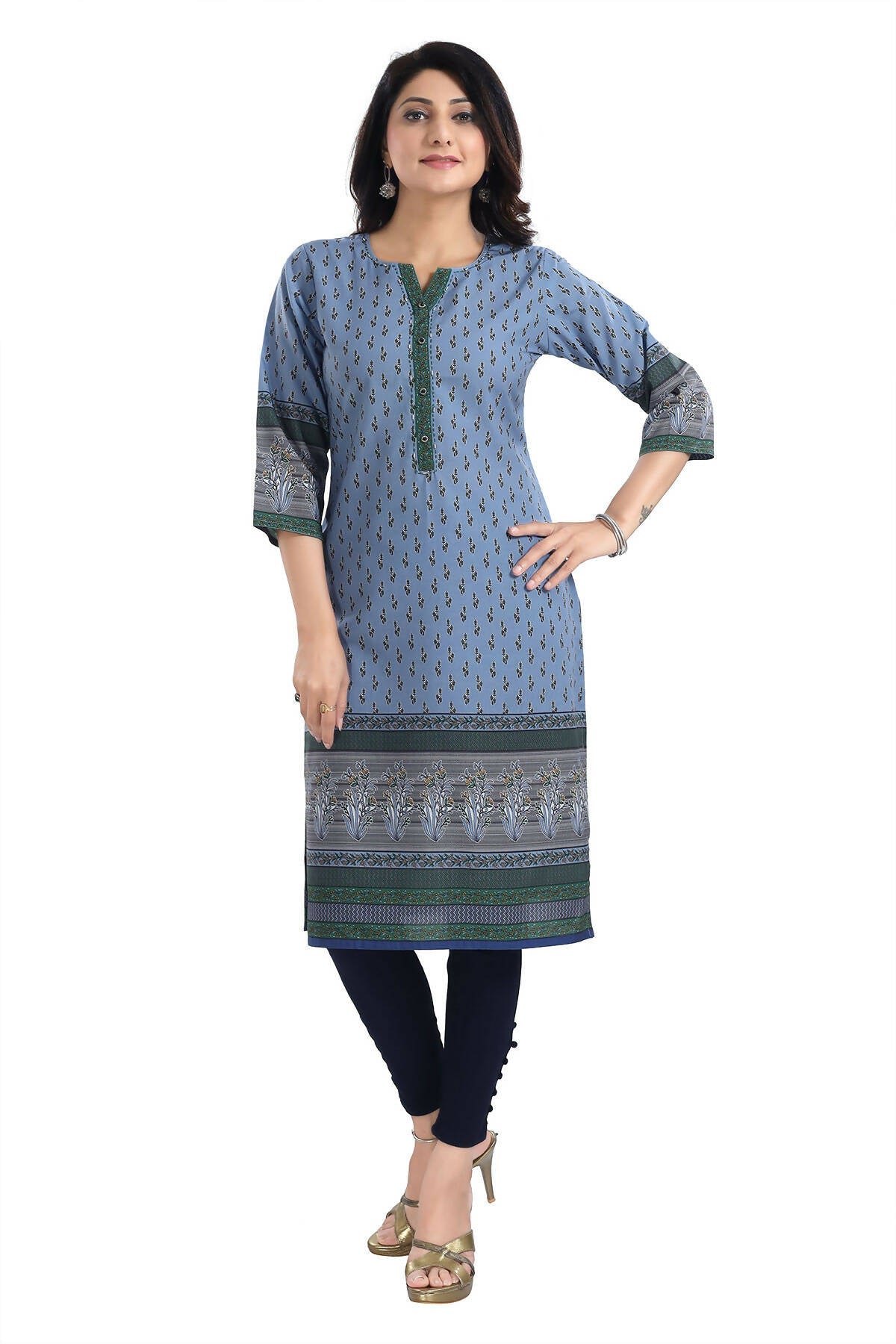 Snehal Creations Aesthetic Blue Digital Print Cotton Slub Long Kurti Tunic | Grocsy