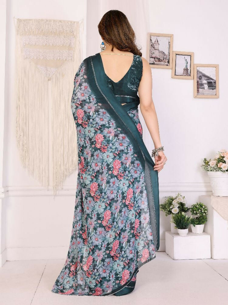 PR Fashion Morpich Bright Moss Satin Patta Printed Saree | Grocsy
