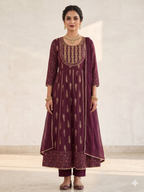 Teeya Creation Women's Premium Wine Color Fully Stitched Anarkali Kurta With Pant And Dupatta Set | Grocsy