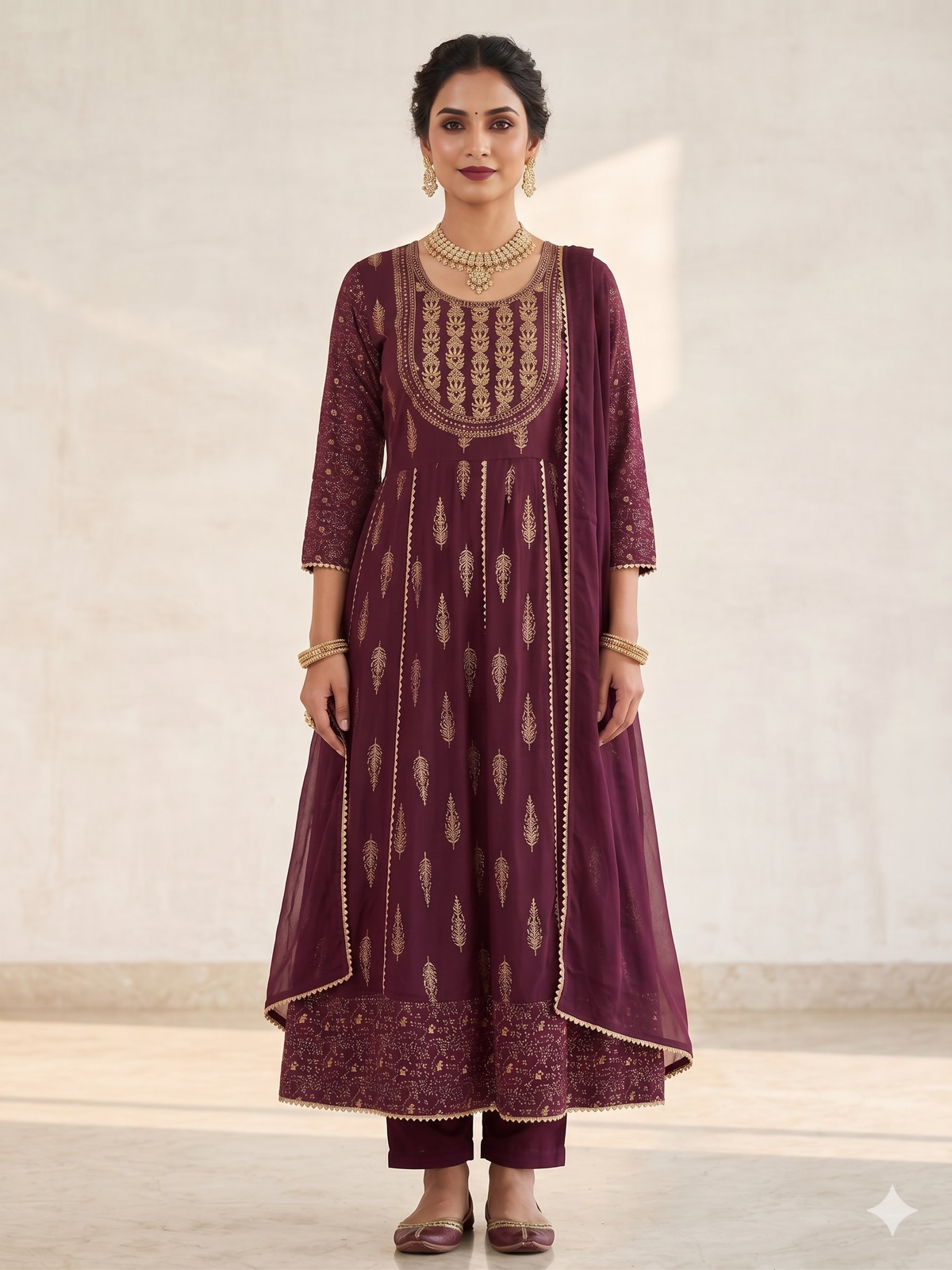 Teeya Creation Women's Premium Wine Color Fully Stitched Anarkali Kurta With Pant And Dupatta Set | Grocsy