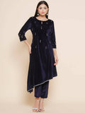 Women Republic Navy Blue Velvet Assymetrical Hand Embellished Kurta With Pants | Grocsy