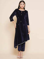 Women Republic Navy Blue Velvet Assymetrical Hand Embellished Kurta With Pants | Grocsy