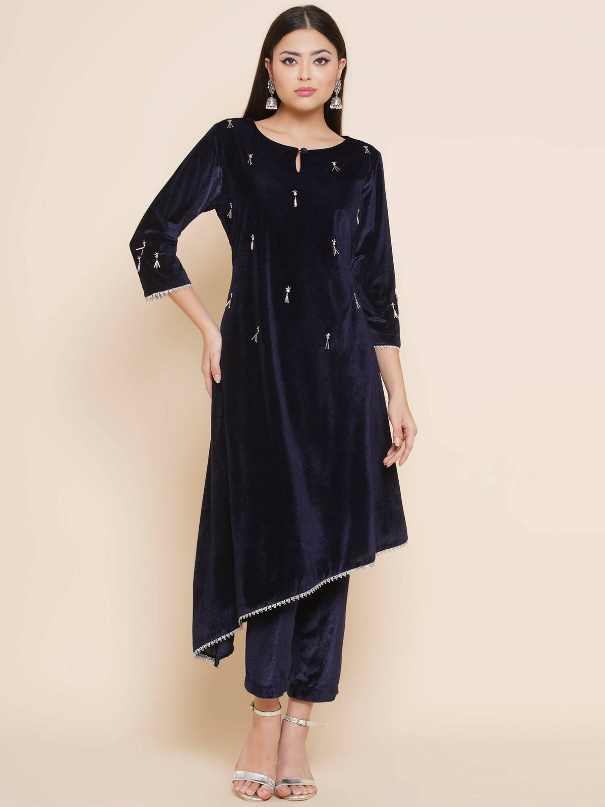 Women Republic Navy Blue Velvet Assymetrical Hand Embellished Kurta With Pants | Grocsy