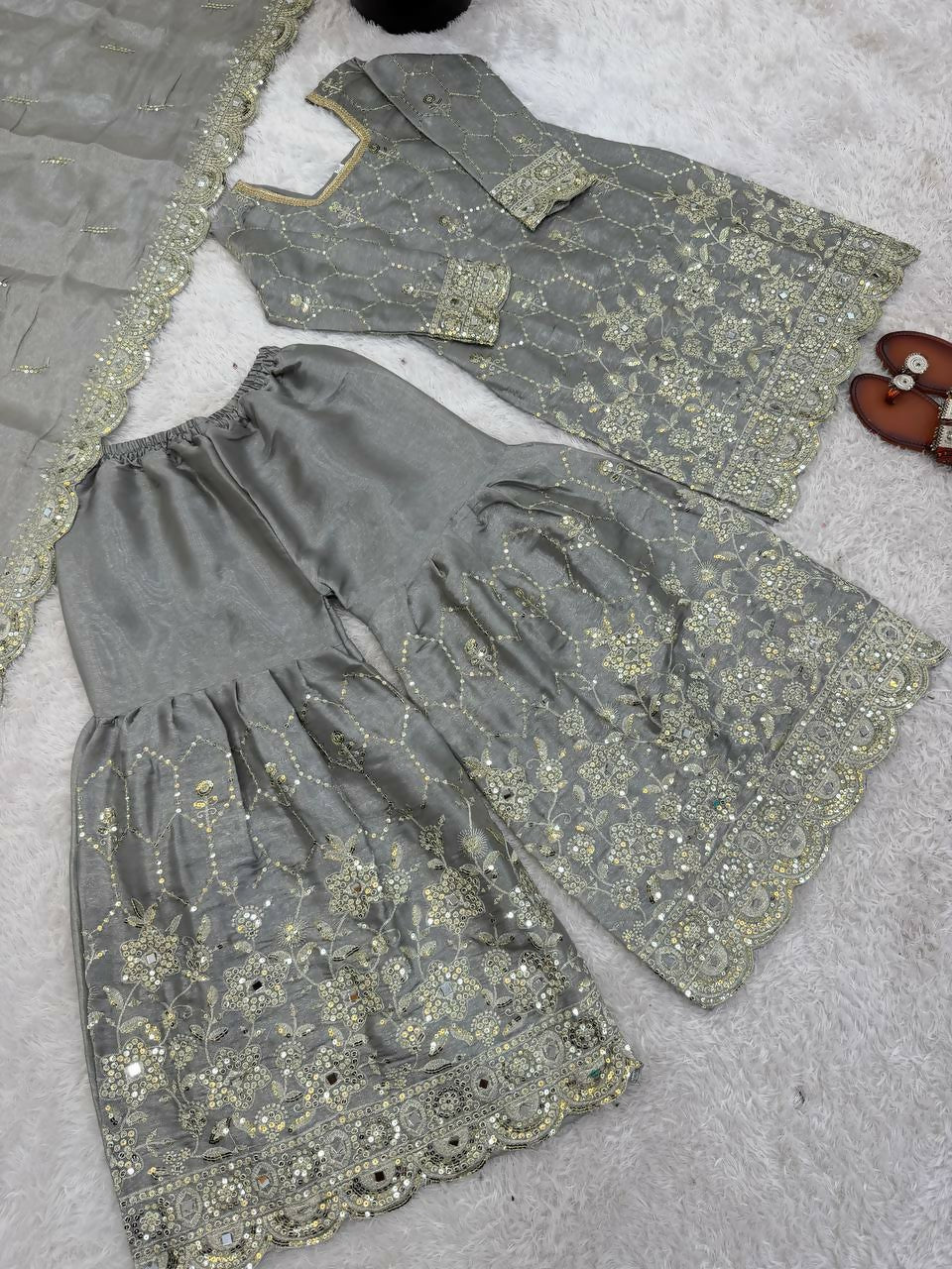 Teeya Creation New Trendy Latest Designer Embroidery Sharara Kurta Set -Grey | Grocsy