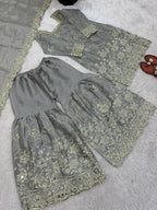 Teeya Creation New Trendy Latest Designer Embroidery Sharara Kurta Set -Grey | Grocsy