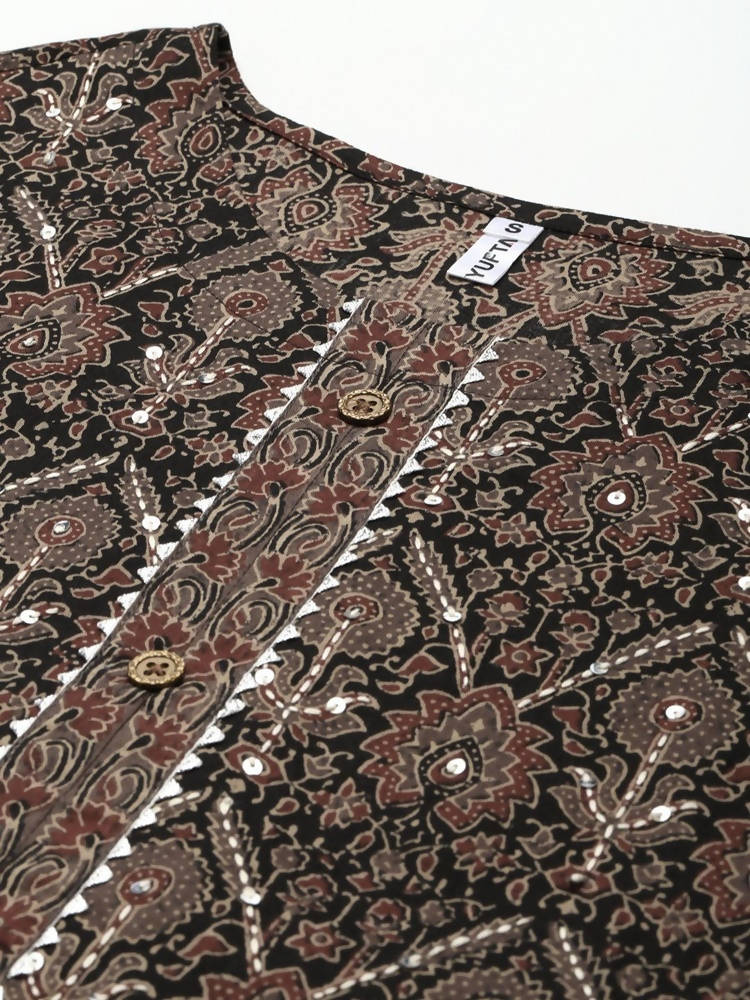 Yufta Women Black Ethnic Motifs Printed Pure Cotton Kurta with Trouser and Dupatta | Grocsy