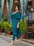 Juniper Women's Blue Ethnic Motif Printed Muslin Kurta Set With Zari Work & Gota Patti | Grocsy