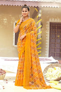 Mustard Chiffon Printed Ivory Print and Zari work Saree with Unstitched Blouse Piece - Shanaya | Grocsy