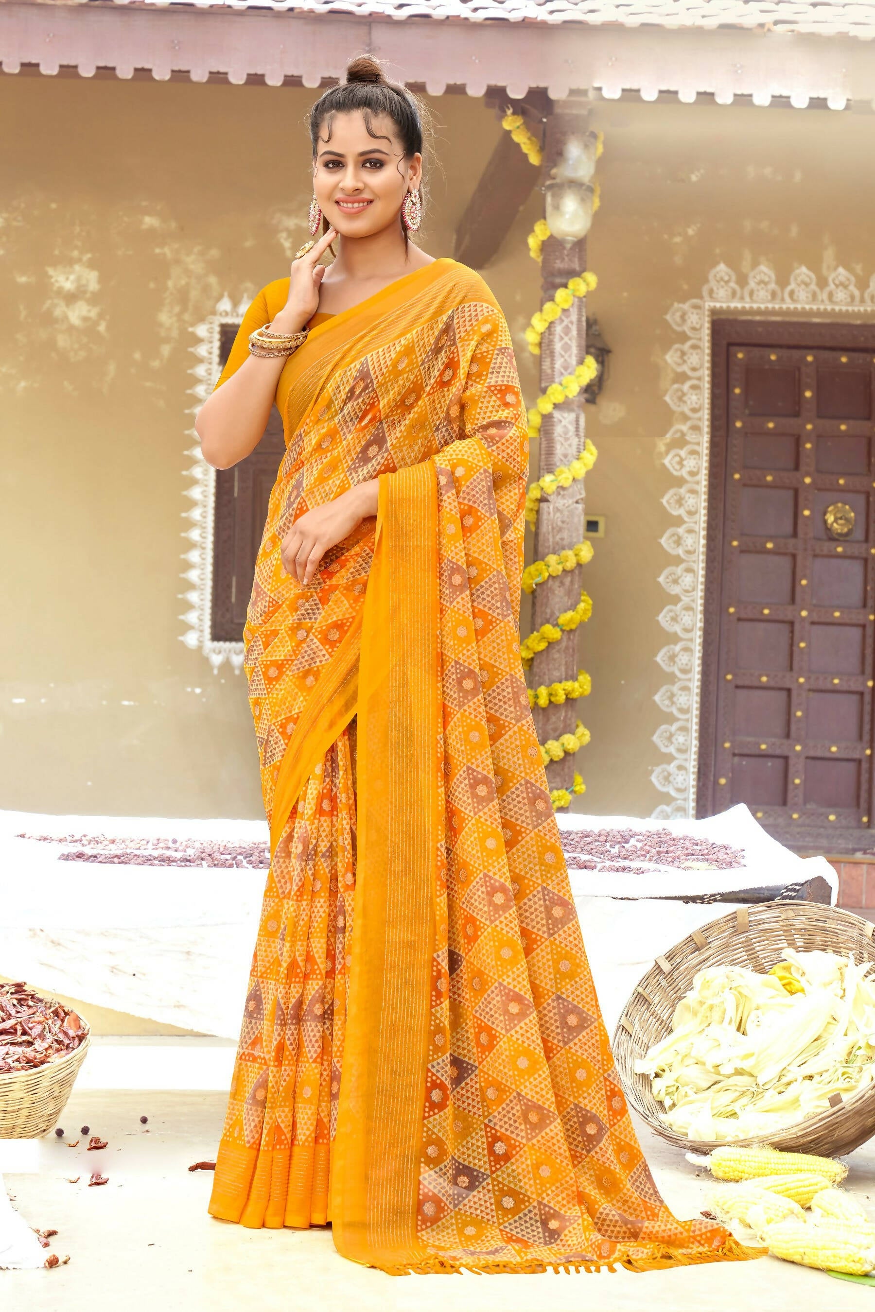 Mustard Chiffon Printed Ivory Print and Zari work Saree with Unstitched Blouse Piece - Shanaya | Grocsy