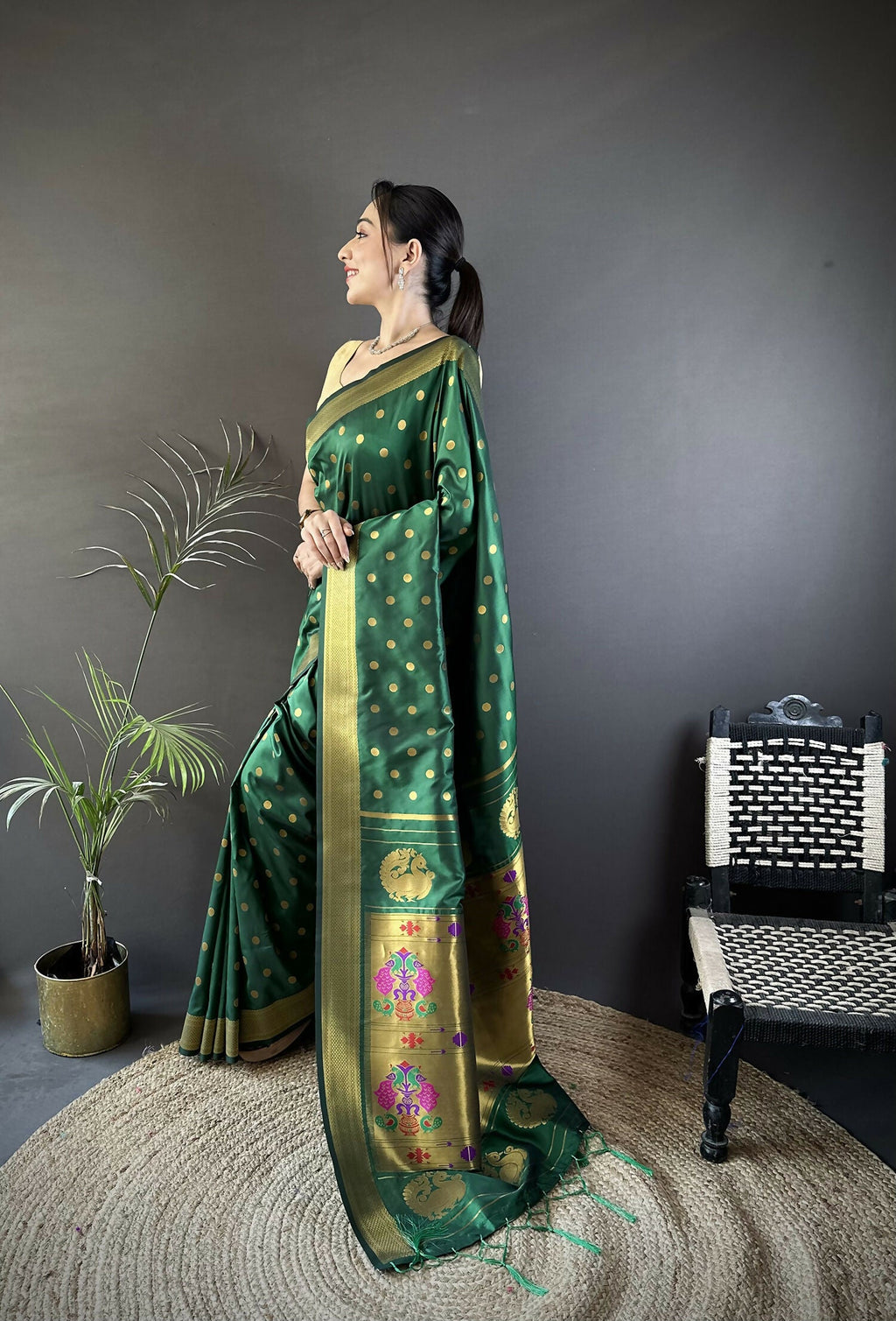 Joban Fashion Green Polka Dot Lichi Silk Paithani Silk Saree | Grocsy
