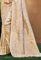 Sangam Prints Beige Kanjivaram Silk Woven Work Traditional Saree | Grocsy