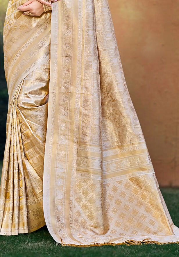 Sangam Prints Beige Kanjivaram Silk Woven Work Traditional Saree | Grocsy