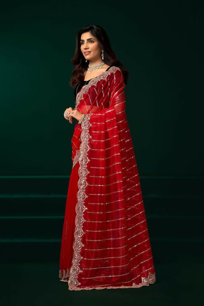 Joban Fashion Red Net Party Wear Sarees | Grocsy