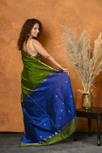 Very Much Indian Handloom Pure Cotton Silk Saree With Sleek Golden Border - Green | Grocsy
