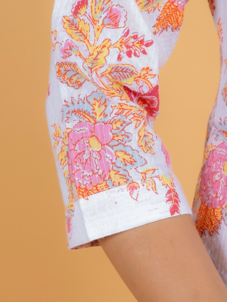 Aramya A-line Kantha Cotton Floral Print Women's Kurta - White | Grocsy