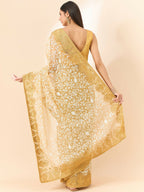 Beige Organza Floral Embroidered Saree with Unstitched Blouse Piece - Roozal | Grocsy