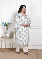 Miravan Women's Plus Size Off White Floral Printed Cotton Flex Kurta with Pant | Grocsy