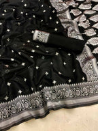 DEIANA'S Beautiful Designer Golden zari Soft Lichi Silk Saree - Black | Grocsy