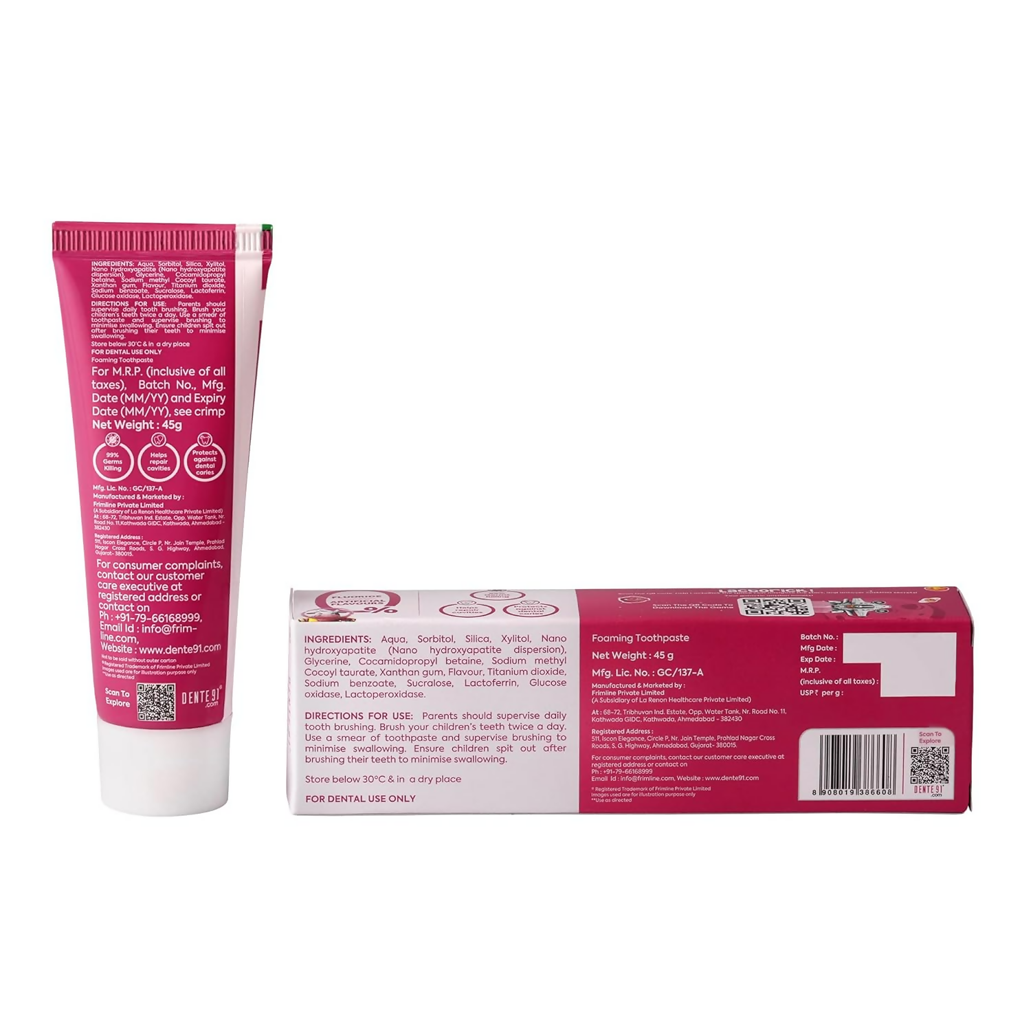 Dente91 Kids Toothpaste Protects Against Dental Caries & Hypersensitivity Fluoride Free Strawberry Flavour | Grocsy
