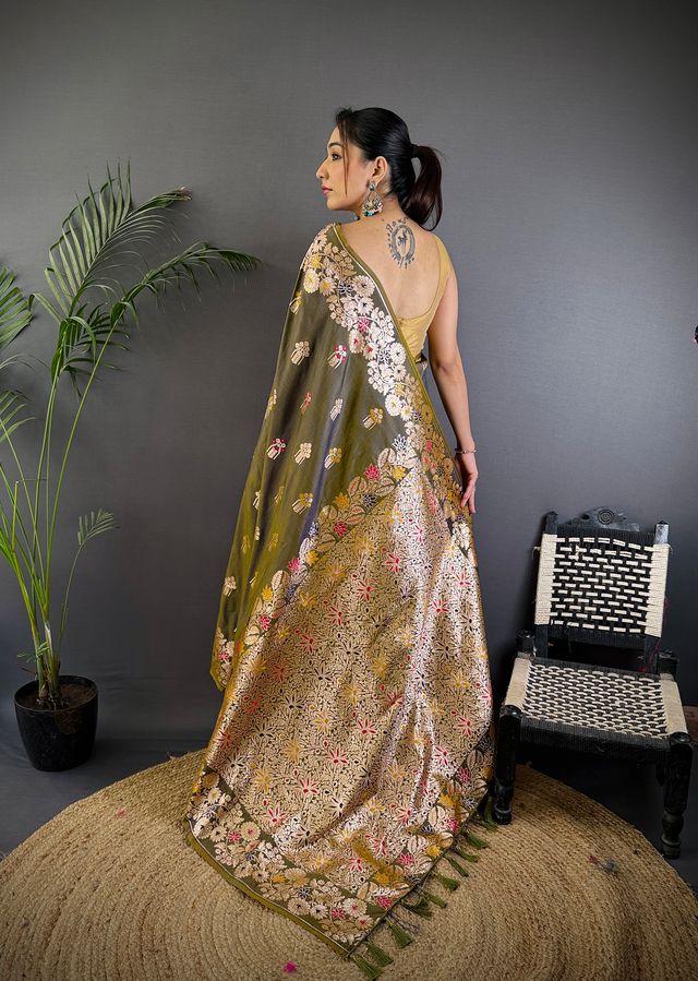 Elora Mahendi Green Soft Silk Floral Zari Weaving Meenakari Saree With Floral Border | Grocsy
