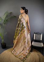 Elora Mahendi Green Soft Silk Floral Zari Weaving Meenakari Saree With Floral Border | Grocsy