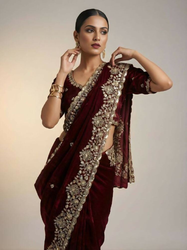 Joban Fashion Maroon Fandy Satin Silk Party Wear Sarees | Grocsy
