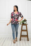 Myshka Women V-Neck Regular Sleeves Viscose Rayon Black Floral Top | Grocsy