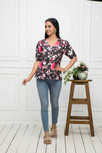 Myshka Women V-Neck Regular Sleeves Viscose Rayon Black Floral Top | Grocsy