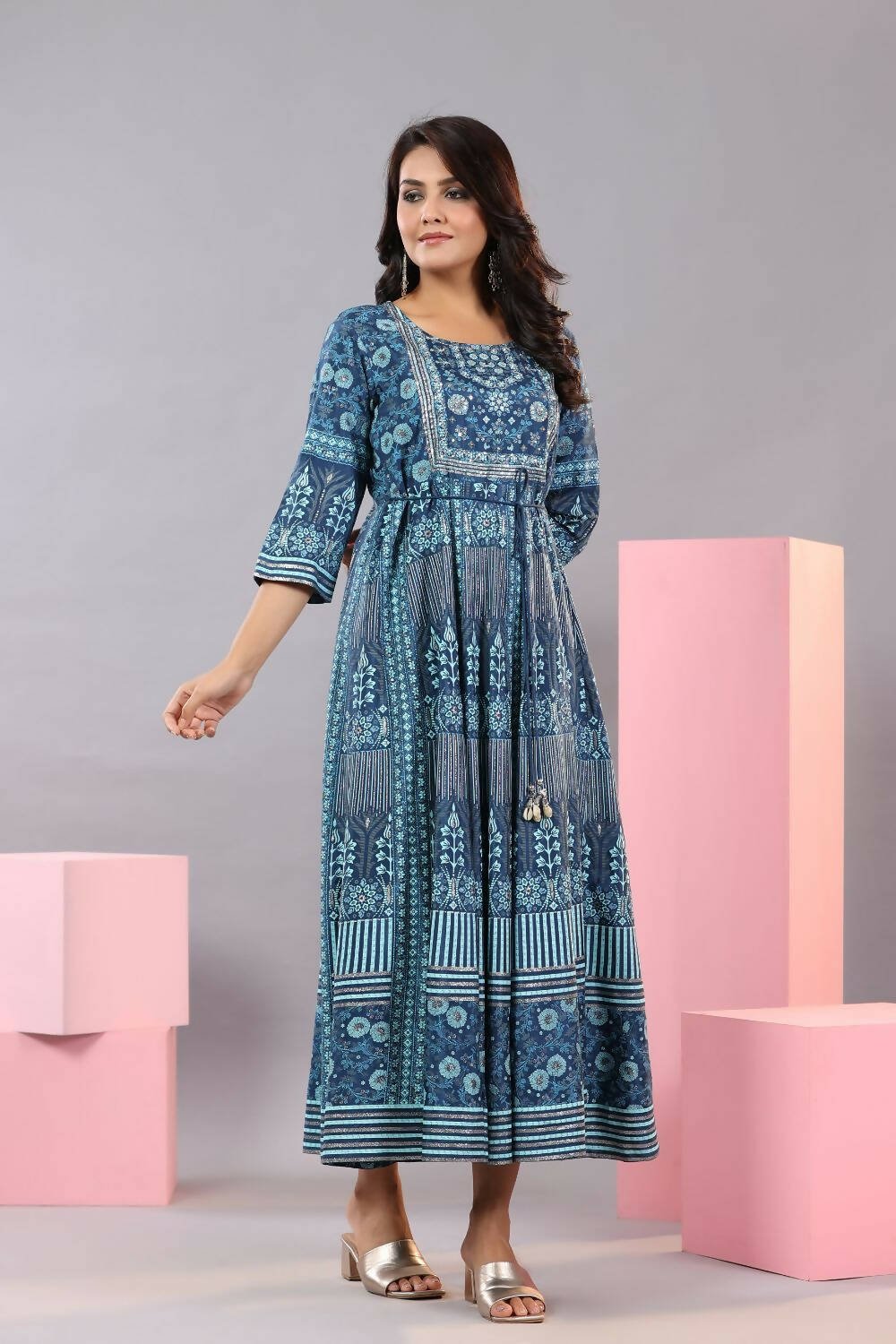 Juniper Women Blue Shantoon Floral Printed Maxi Dress | Grocsy